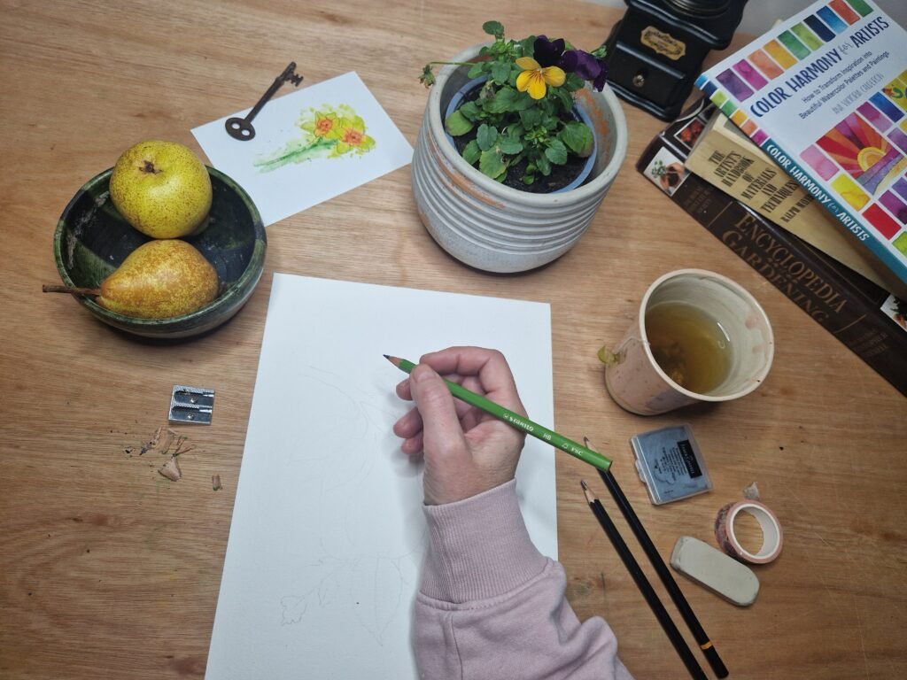Pears on a branch painting process