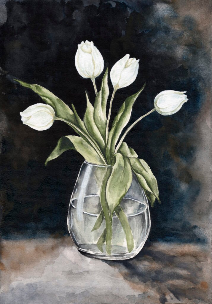 white-tulips-in-glass-vase-botanical-art-watercolour